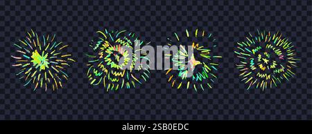 Firework set on black background. Crayon pencil drawing round geometric shapes and swirl. Neon color victory signs collection. Like kid painting hand Stock Vector