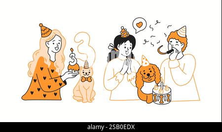 Pet owners celebrating animals birthday orange color linear icons collection. Showing love to cat and dog doodle characters on white background Stock Vector