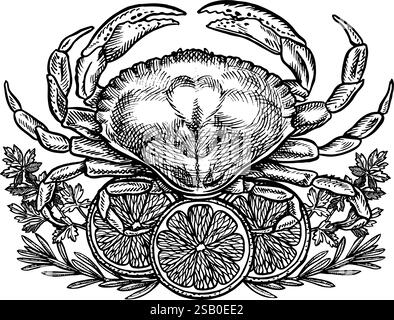 A detailed black and white drawing of a crab on a white background ...