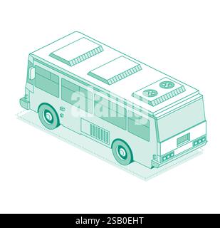 Isometric school bus. Rear back view. Vector illustration. Outline object isolated on white background. 3D icon. Stock Vector