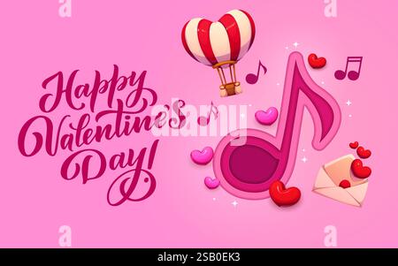 Paper cut valentines day banner with love hearts and music notes. Vector Happy Valentine Day greeting card with hot air balloon, musical note and love letter on pink background exuding romance and joy Stock Vector