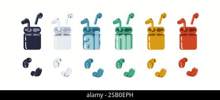 Earbuds stored in charging cases flat color vector icon set. Wireless earbuds provide immersive audio experience objects pack on white background Stock Vector