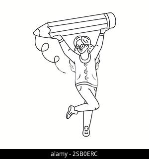 Lady designer jumps with joy holding giant pencil linear icon. Cheerful artist draws whimsical spiral line doodle character doodle thin line illustrat Stock Vector