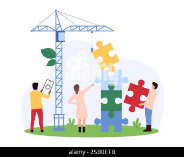 Tiny people assembling a puzzle to represent collaboration, strategic planning, and teamwork for achieving common objectives in a project vector illustration. Stock Vector