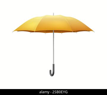Golden umbrella-cane offering protection realistic vector illustration. Open yellow parasol for insurance 3d object on white background Stock Vector