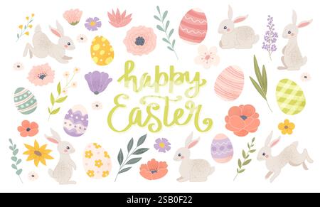 Happy Easter elements collection, cute festive bunnies, eggs and flowers. Vector illustration in pastel colours Stock Vector