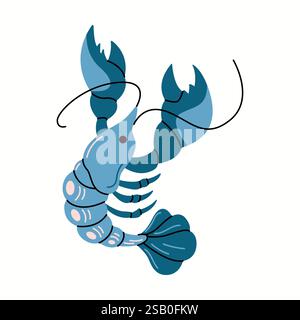 Blue crayfish with segmented tail and big claws flat color vector character. Rare delicacy in gourmet cuisine illustration on white background Stock Vector
