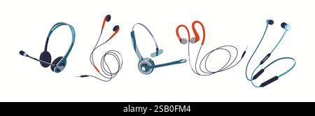 Stylish headphones and earphones flat color vector icon set. Devices ideal for entertainment and gaming purposes objects pack on white background Stock Vector