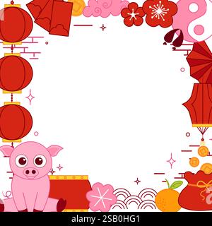 Classic Chinese elements 2031 pig lunar lantern festival CNY vector graphic line style square frame scroll board decoration Stock Vector