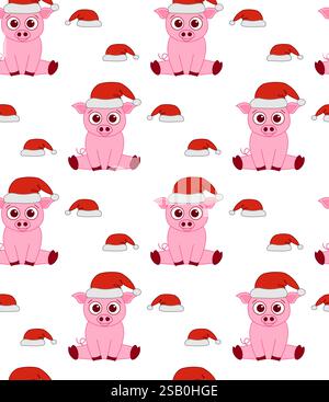 Cute pig in santa hat seamless pattern. 2031 year sign. Hand drawn vector illustration. Stock Vector