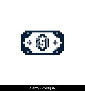 Dollar sign logo on a bill. Money dollar pixel icon. 8 bit banknote icon. Monetary unit dollar blank in pixel 16 bit style 80 x . Stock Vector