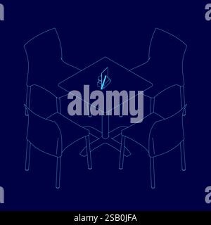Blue drawing of a table with four chairs around it. The chairs are all lined up and the table is in the middle Stock Vector