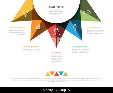 A colorful infographic template with six triangular sections, each featuring an icon and text. The sections highlight ideas with vibrant colors and pl Stock Vector