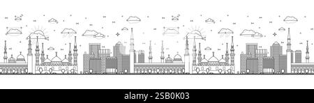 Seamless pattern with Outline Medina Saudi Arabia City Skyline with Modern and Historic Buildings Isolated on White. Vector Illustration. Stock Vector