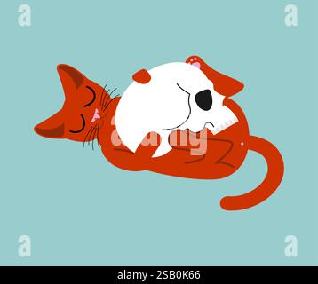 Cat plays with skull. Cat and skeleton head. Stock Vector