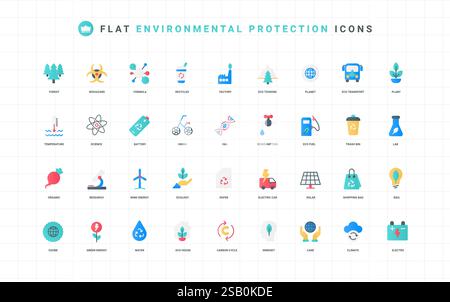 Green energy, science research, reduction in consumption to save and care environment, ecology color icon set. Carbon cycle, electric car and bio fuel for transport flat elements vector illustration Stock Vector