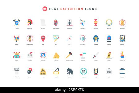 Museum, history and culture, art gallery with picture and ancient vase, column color icon set. archeology and paleontology exhibits, entrance signs and antique flat elements vector illustration Stock Vector