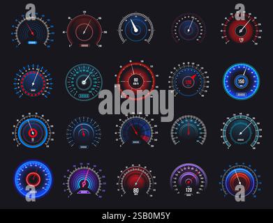 Set of speedometers and tachometers with different colors and values, measuring speed, distance, and engine rotations per minute on a vehicle s dashbo Stock Vector