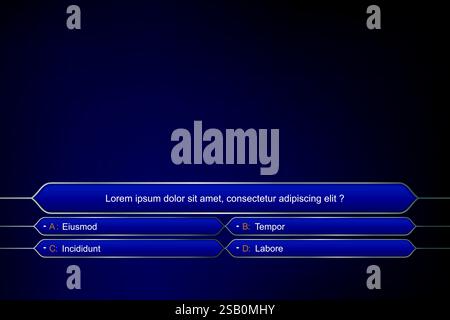 Interactive quiz game interface with a question and four choice answers on a blue background. Stock Vector