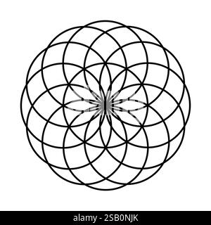 Black outlined Flower of Life pattern featuring interlocking circles on a clean white background Stock Vector