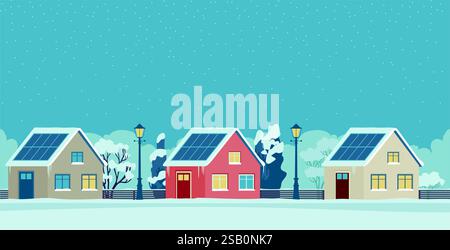 Winter street in suburban town. Houses with solar panels on the roofs, empty road, trees covered with snow, night sky with clouds and snowfall. Flat v Stock Vector
