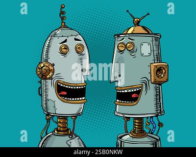 Communication interaction of robots with each other. Development of AI in vintage style. Cyborg friends laugh together. Stock Vector