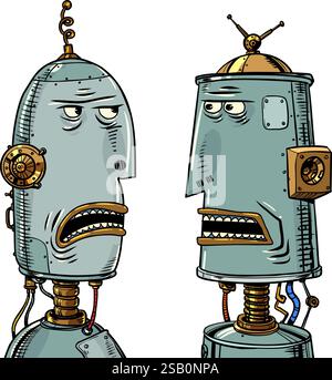 Communication interaction of robots with each other. Development of AI in vintage style. Fantastic future with cyborg friends. Stock Vector