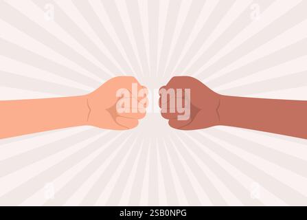Hands of people of different nationalities and skin tones clenched into fists making a bump greeting gesture, flat vector illustration Stock Vector