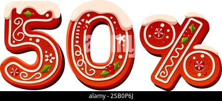 Christmas sale banner, Sale 50 precents with gingerbread cookie numbers. Decorated Winter promotion offer. Isolated flat vector Stock Vector