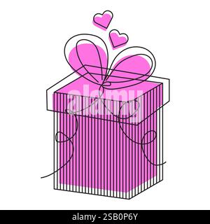 Pink Gift Box Flat Drawing Illustration with Hearts for Valentine Day Stock Vector