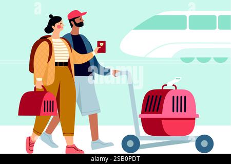 Traveling with Pets by the train. Young couple with  pet carriers is ready for train trip. Flat vector illustration Stock Vector