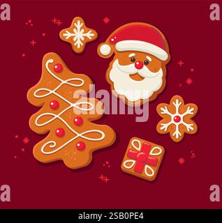 Set of Decorated Christmas gingerbread cookies. Traditional winter holidays biscuits on red background. Flat vector illustration Stock Vector