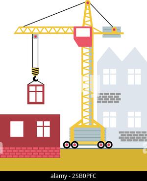 Construction tower crane. Building equipment in flat style. Construction site with stroke crane. Vector illustration Stock Vector