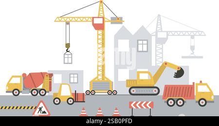 Construction site, building a house. Working process. Tower crane, excavator, dump truck and various heavy machinery. Vector flat illustration Stock Vector
