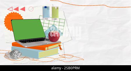 Colorful collage of a laptop on books with an apple, perfect for educational themes, vector illustration Stock Vector
