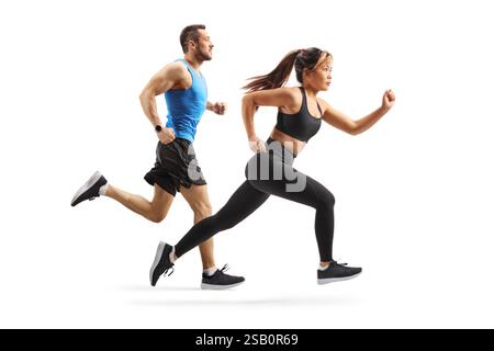 Full length profile shot of a group of a man and woman running a race isolated on white background Stock Photo