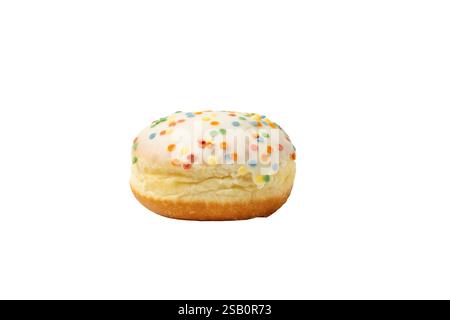 A donut with rainbow sprinkles on top. The donut is sitting on a white background Stock Photo