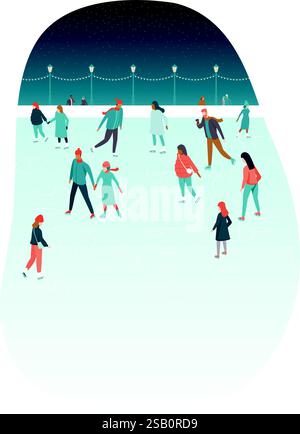 Happy people having fun on the ice rink. Winter holiday scene with active people in an outdoor park. Christmas and Happy New Year vector illustration Stock Vector
