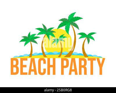 Beach party text with landscape with coastline palm trees and sun on background. Banner of tropical palm trees on shore and sunset isolated on white b Stock Vector