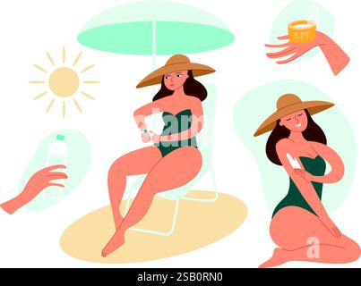 Sun tanning safety tips. Use a hat, sunscreen, sunshadow. Skin protection from the sun on the beach. Flat vector set Stock Vector