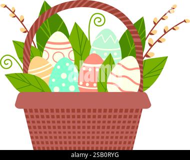 wicker basket with Easter eggs. Isolated flat vector illustration Stock Vector