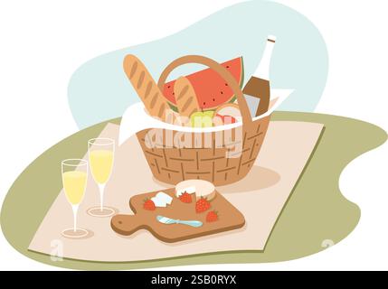 Picnic basket with food on green sunny lawn. Flat vector illustration Stock Vector