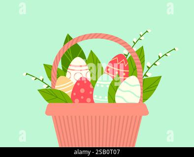 wicker basket with Easter eggs. Flat vector illustration Stock Vector