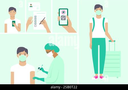 Flat vector set for vaccination against covid-19. Immunity passport. Safe travel due coronavirus outbreak. Valid digital  certificate with qr code. Yo Stock Vector