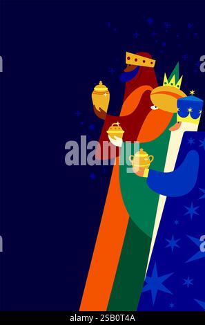 Three Kings.  Epiphany celebration. Traditional Spanish Three Wise men Day. Cartoon Vector illustration Template design for Poster, Banner, Flyer, Gre Stock Vector