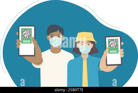 Young vaccinated people using digital health passports. Adult man and woman showing an app in mobile phone. Immunization certificate with qr code on d Stock Vector