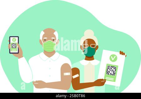 Vaccinated people using digital health passports. Elderly man showing an app in mobile phone. Woman hold immunization certificate with qr code printed Stock Vector