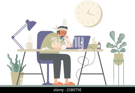Freelancer with running nose working at home. Remote worker with flu or cold. Man sit at the desk working distantly, using paper tissue, sneezing. Iso Stock Vector