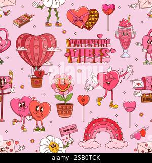 Groovy valentines day seamless pattern with cartoon hearts, flowers, rainbow, balloons, chocolates, love letters and milkshake. Vector playful pink retro background evoking cheerful and romantic vibes Stock Vector