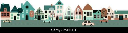 Architecture of city street. Cozy houses facades. Set of decorative elements. Town in minimalist scandinavian style. Flat vector illustration isolated Stock Vector
